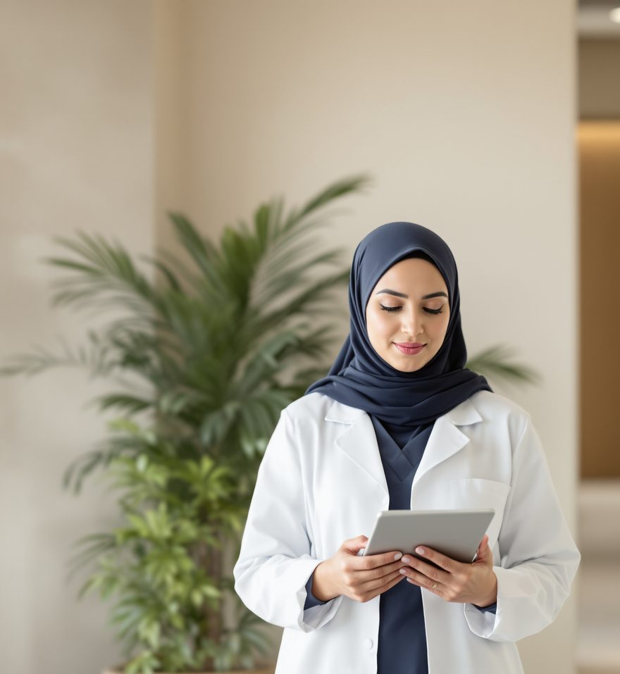 Dentist in Jeddah between patients, phone in hand