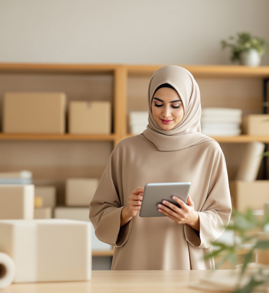 E-commerce owner in Jeddah packing orders in a small warehouse