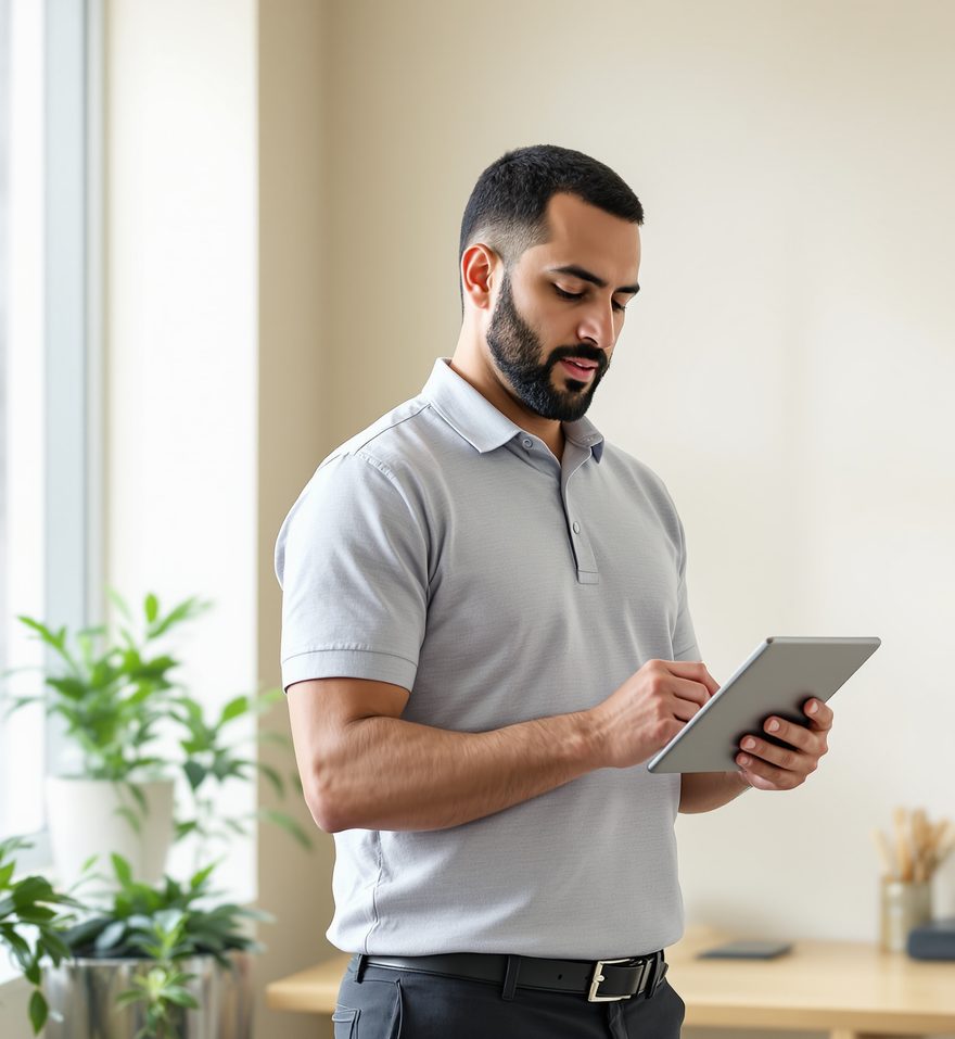 HVAC technician in Dubai on a rooftop with a service tablet