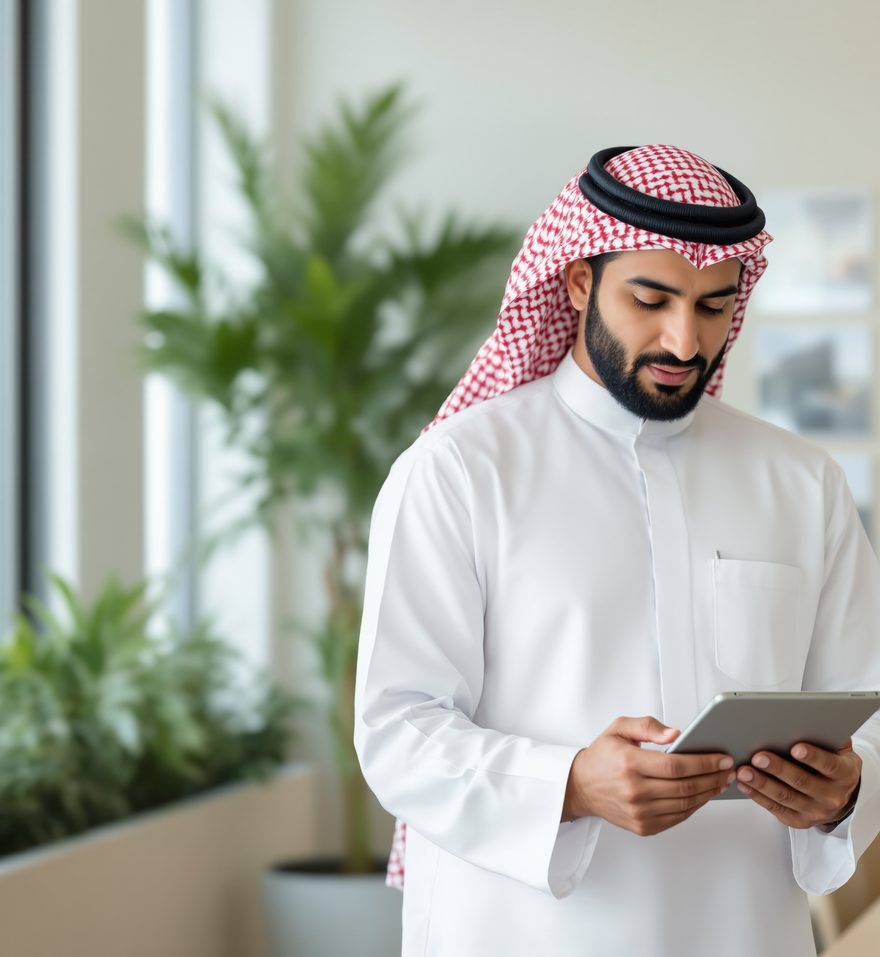 Real-estate broker in Riyadh showing a listing on his phone