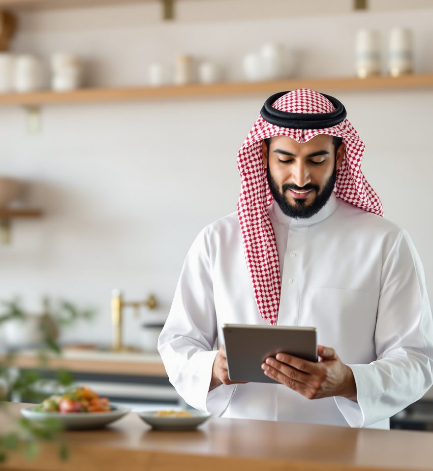 Restaurant owner in Riyadh checking his phone behind the pass