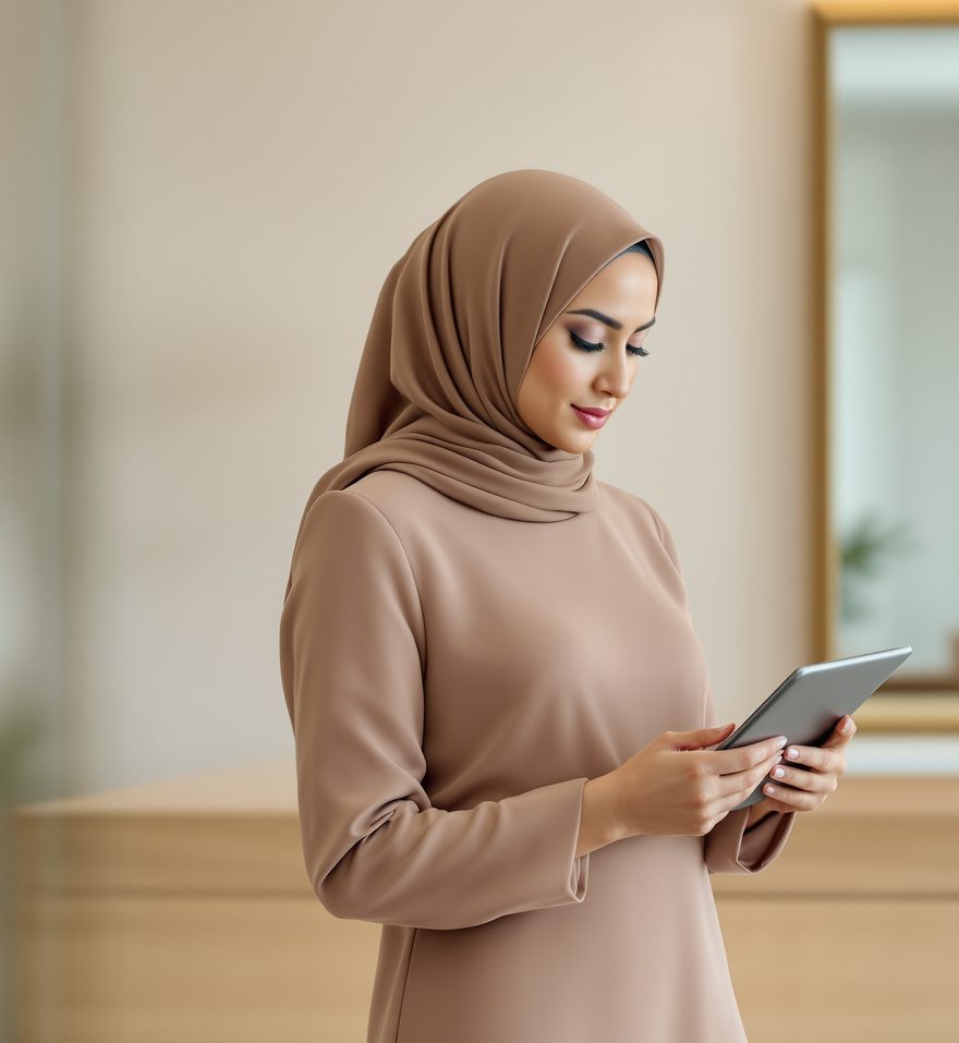 Salon owner in Riyadh at the front desk with her phone