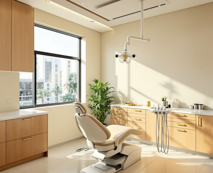 A dental treatment room beside a window