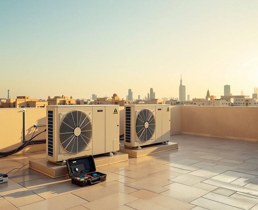 Rooftop air-conditioning units on a Dubai terrace at golden hour