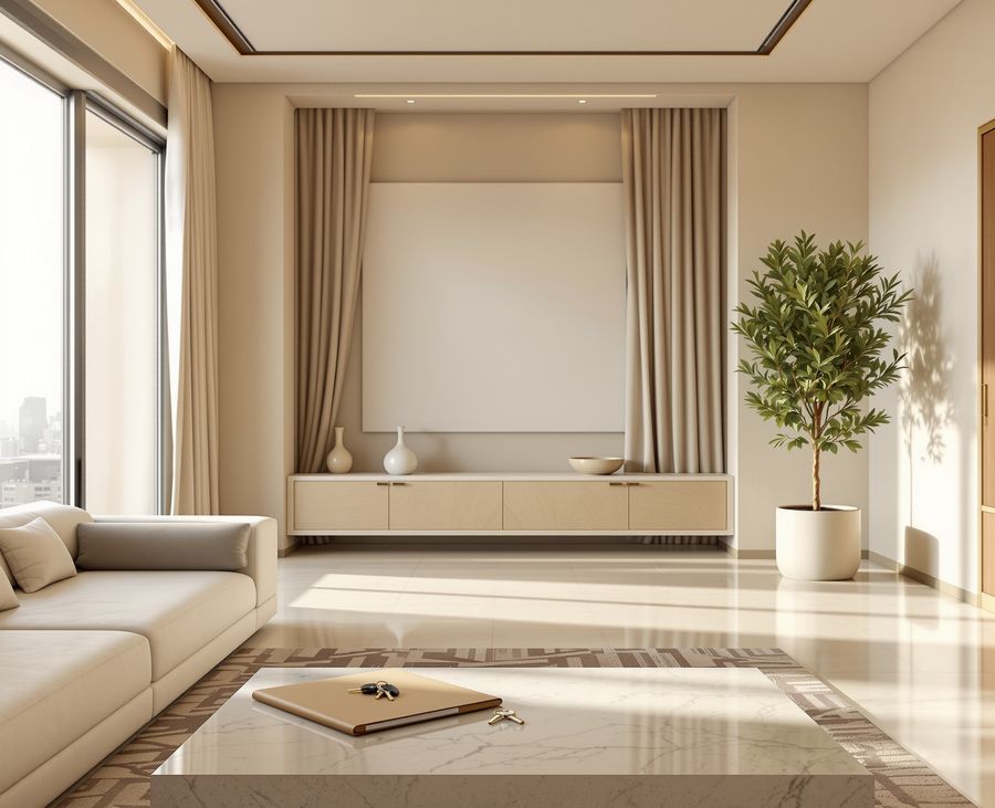 A new Riyadh villa interior, keys and a folder on the table