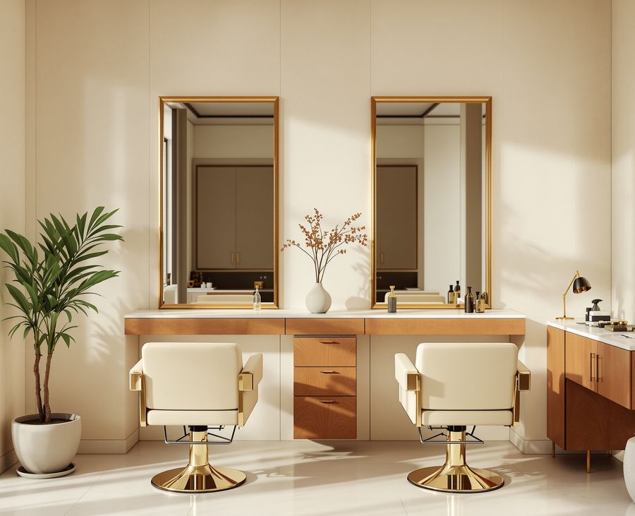 An upmarket Riyadh salon, chairs facing brass-framed mirrors
