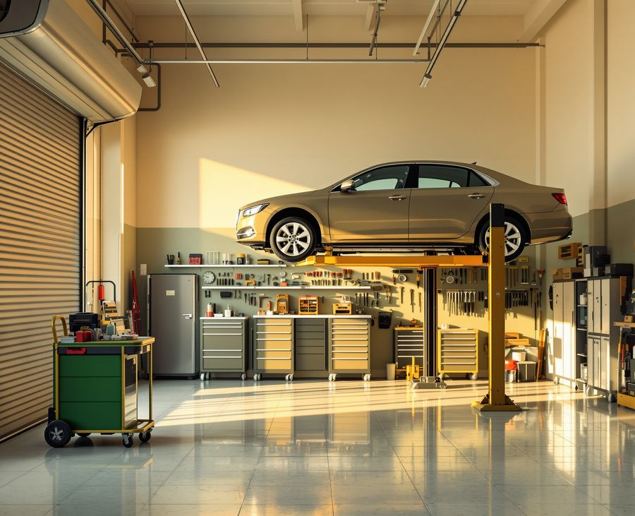 A car workshop service bay, a saloon car raised on the lift